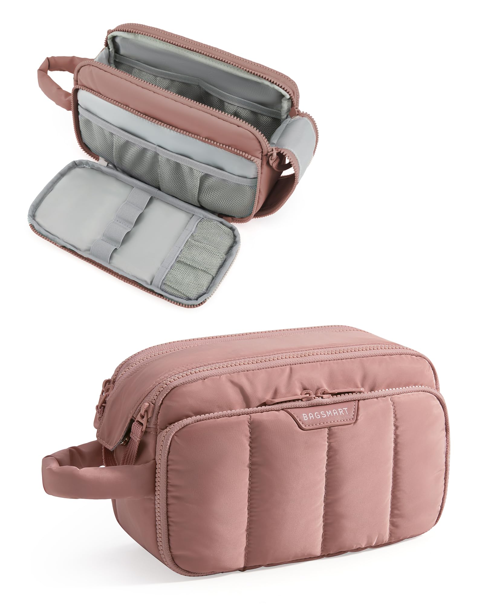 Travel Toiletry Bag for Women, Wide-open Makeup Bag Organizer, Puffy Make Up Case, Large Capacity Cosmetic Organizer for Women for Travel Essentials Toiletries Accessories (Nude Pink)