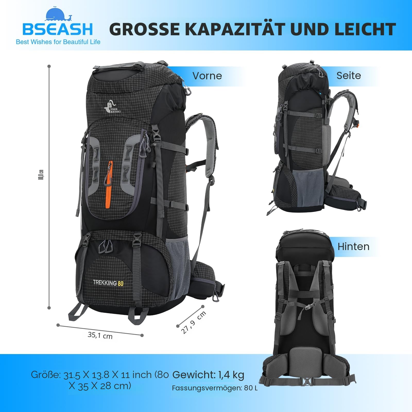 Bseash 80L Wasserdichter Wanderrucksack mit Regenschutz, leichter Outdoor-Sport, Reisen, Tagesrucksack für Klettern, Touren (Schwarz)
