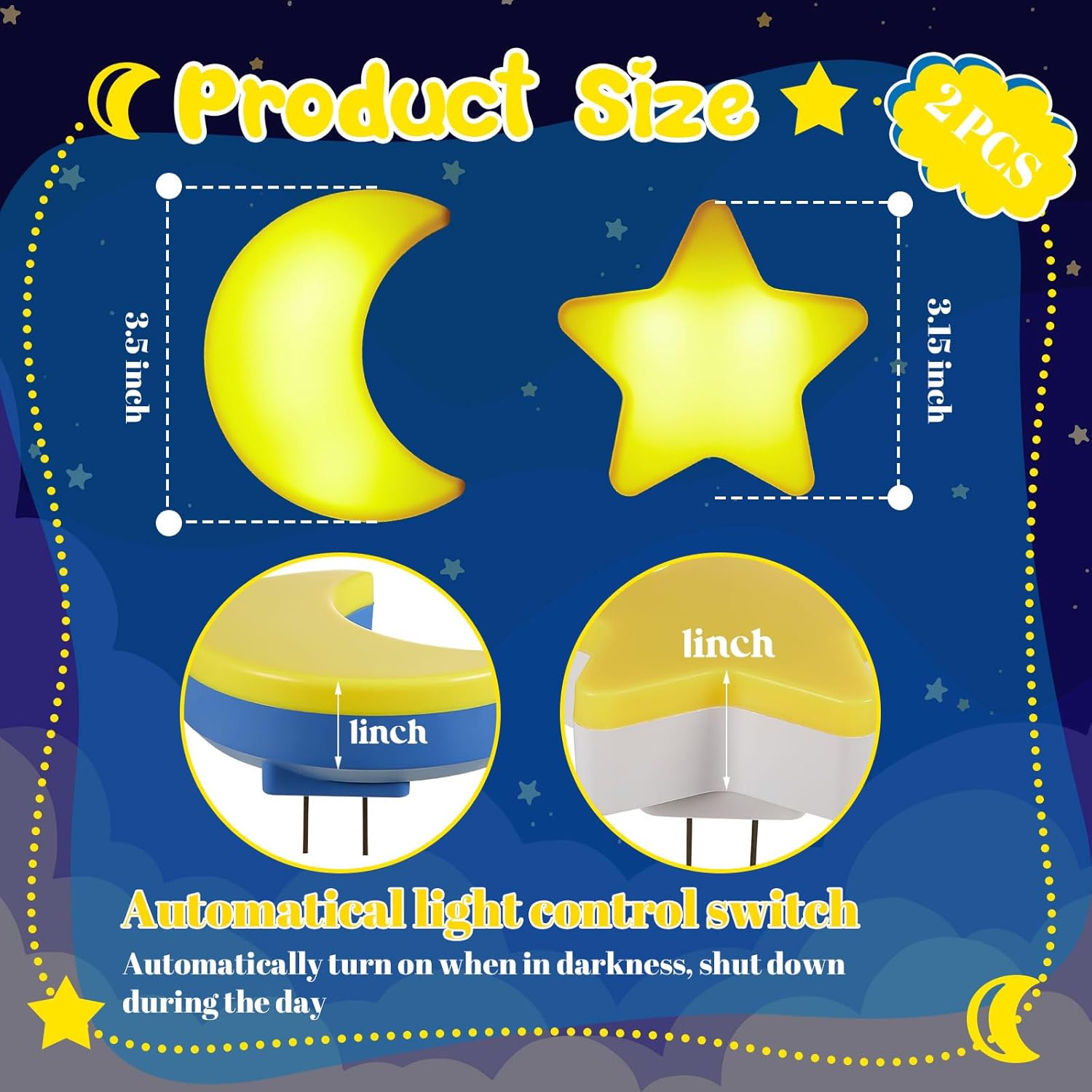 Mudder 2 Pack Night Light Plug into Wall Soft LED Night Light Cute Wall Nursery Lamp Warm Sensor Plug-in Intelligent Nightlight for Bedroom Hallway(Star, Moon,Yellow)