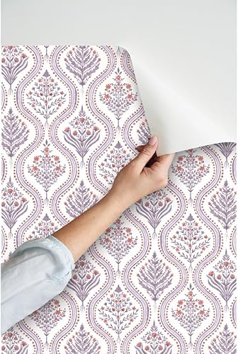 Miniatura 3 de Papel tapiz autoadhesivo de 9 x 2 pies, diseño de damasco botánico elegante jardín, lila, rojo quemado, escala media, Grandmillenial Ogee Spoonflower