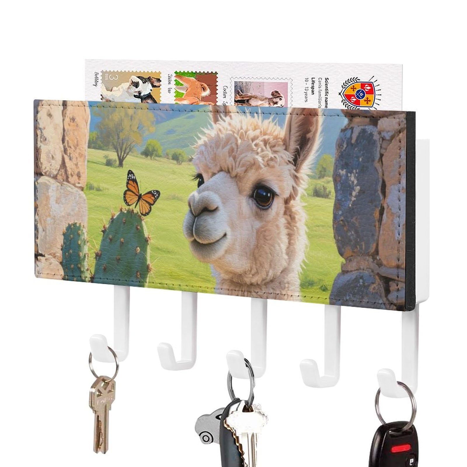 Cute Llamas Alpaca With Cactus Key Holder for Wall, Decorative Key Hooks with Mail Organizer & 5 Hooks, Self Adhesive Leather Key Hanger for Entryway, Wall Mounted Key Rack (7.1” X 4.3” X 0.9”)