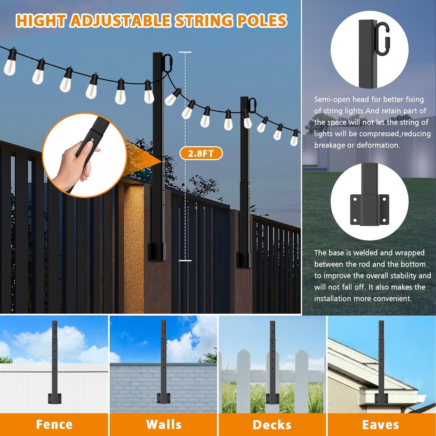 SINLEY 6 Pack Suspension Outdoor String Light Poles for Outside String Lights Hanging,with Clip and Holder,Light Post Mounting Stand for Patio Fence Wall Garden Backyard Deck