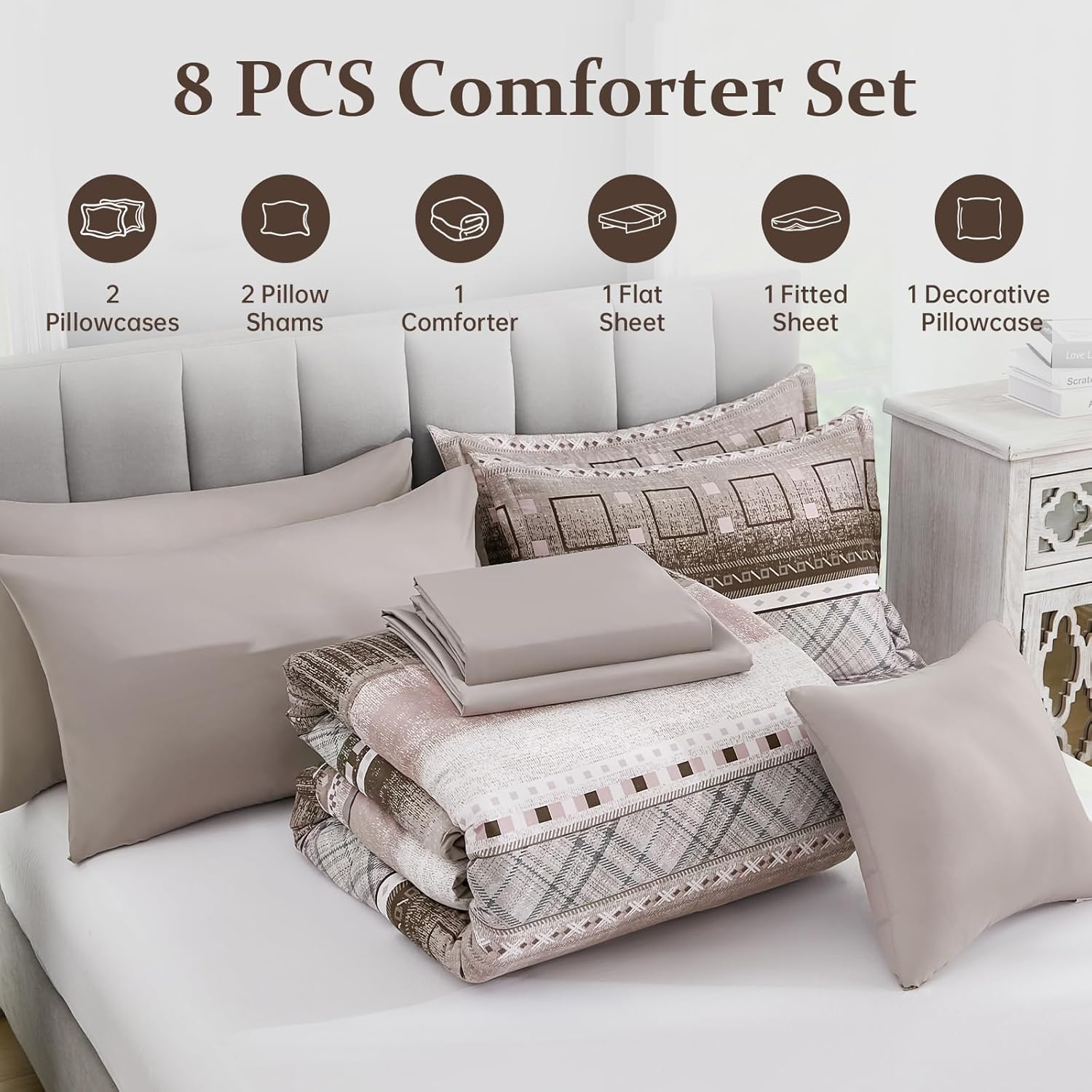 WONGS BEDDING King Size Comforter Set 8 Piece, Texture Striped Bed in a Bag Brown Comforter and Sheet Set, Boho Lightweight Microfiber Bedding Set for All Season (90"×104") - Image 7