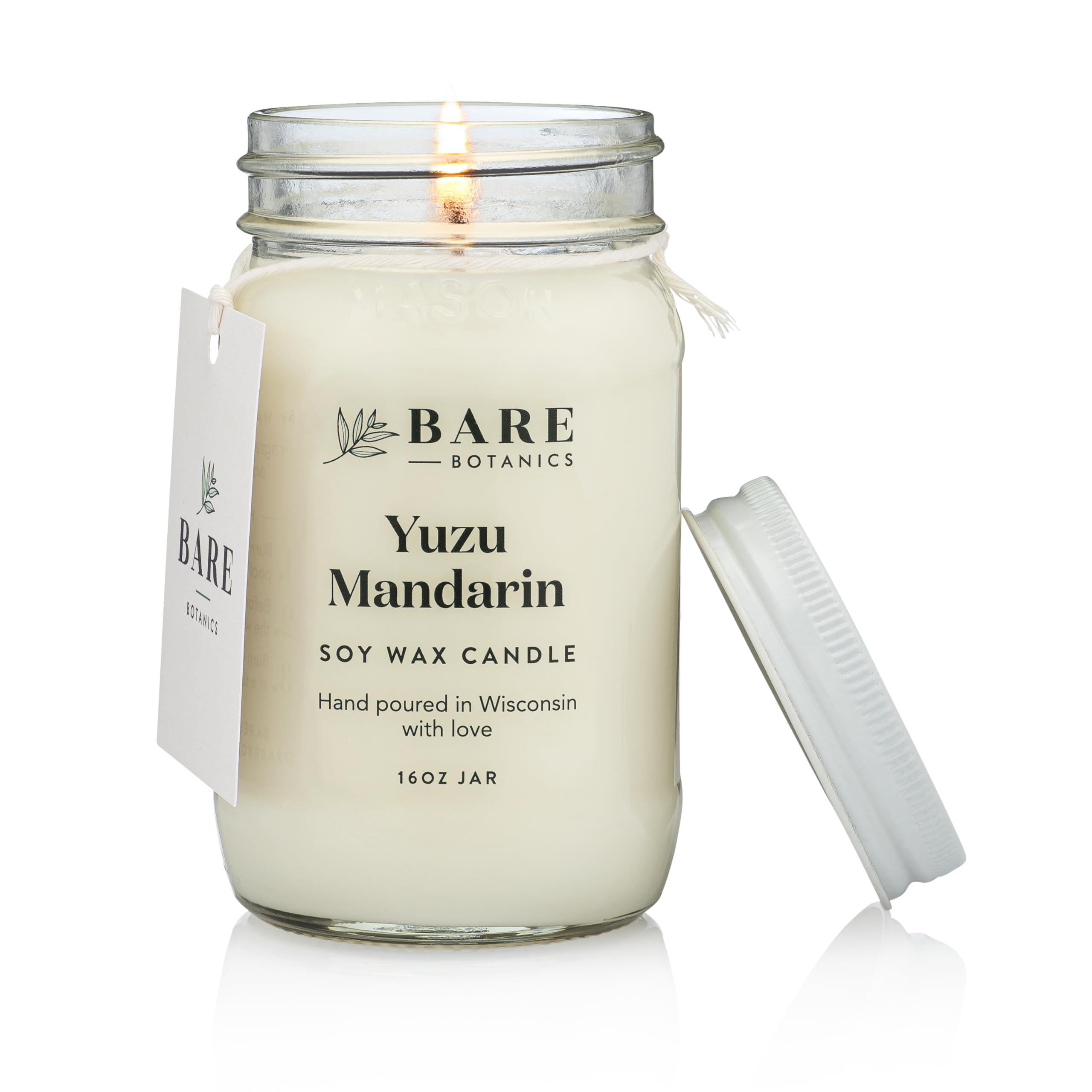 Bare Botanics Yuzu Mandarin Scented Soy Candle - Premium Candle in 16 oz Mason Jar - 100% Natural Soy Wax & Plant-Based Fragrance Oils, Softly-Scented