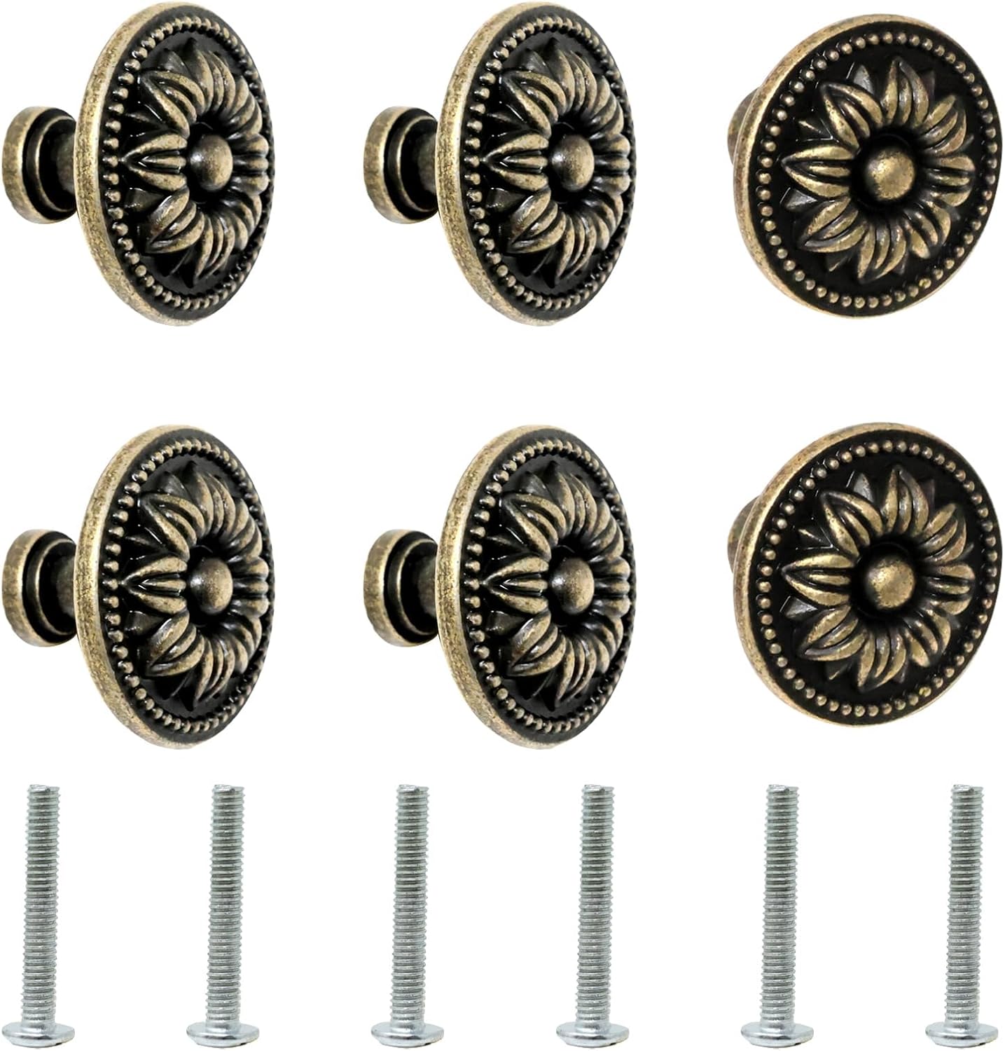 6PCS Vintage Sunflower Flower Shape Hardware Furniture Knobs Antique Bronze Round Metal Drawer Handle Pulls with Screws for Home Cabinet Decoration