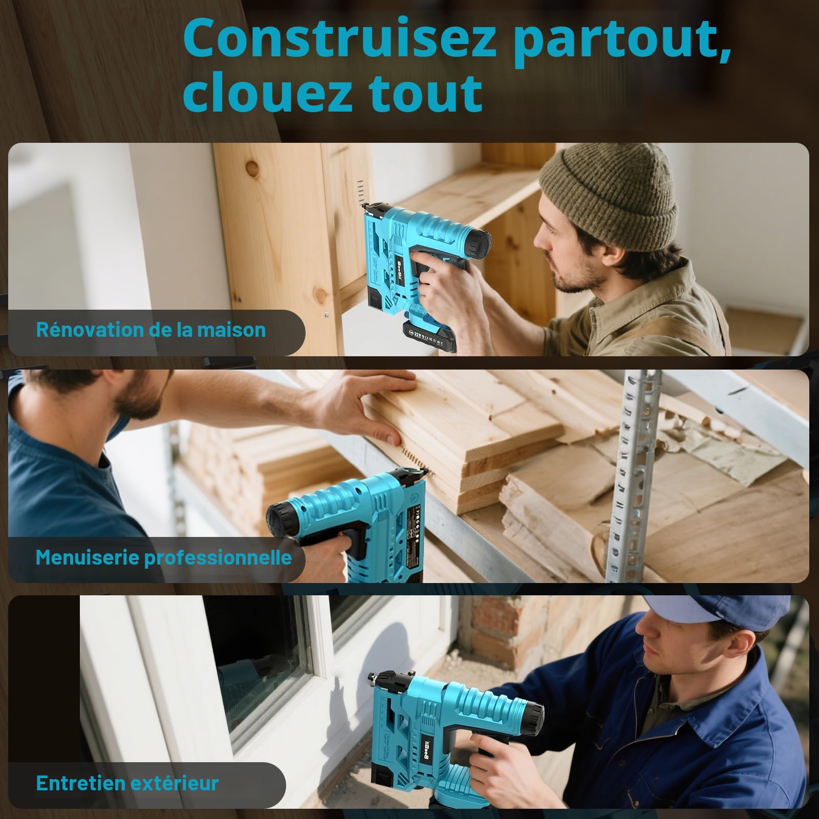 SEESII Cloueur Sans Fil, Cloueur Électrique 18 Gauge avec 2 Batteries 2.0Ah et 1000 Clous/Agrafes, Profondeur de Clouage Réglable, Cloueur-Agrafeuse 2 en 1 pour Tapisserie et Travail du Bois