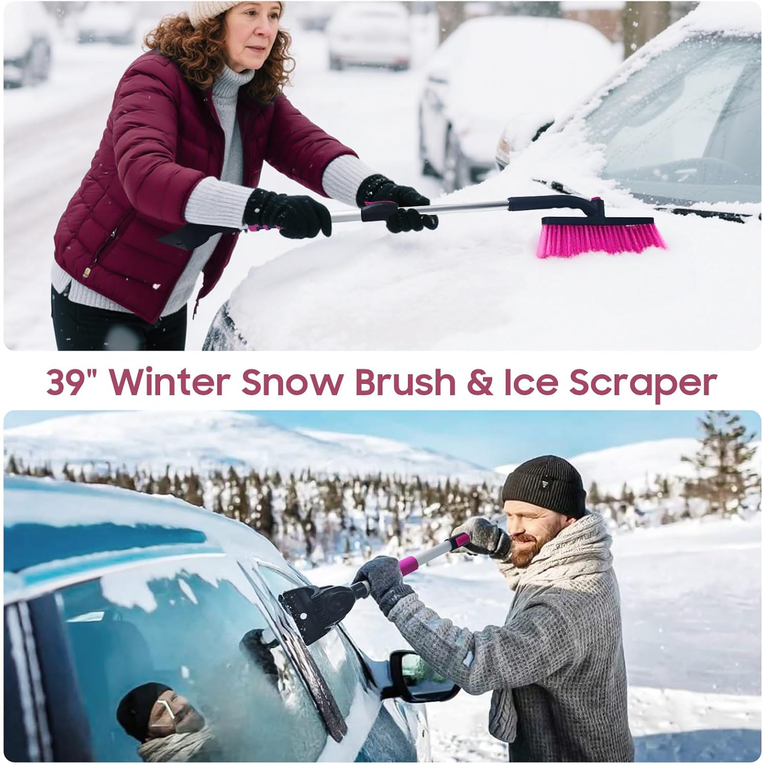 YeewayVeh 39" Snow Brush and Ice Scrapers for Car Windshield, 360° Pivoting Brush Head with Comfort Foam Grip, 3 IN 1 Extendable Car Scraper Snow Brush for SUV Trucks Sedans, Pink (Single)