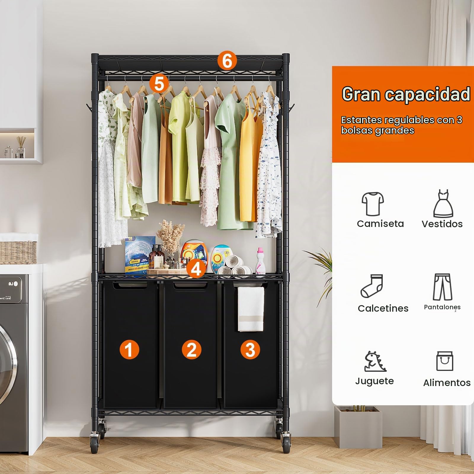 Carrito para Ropa Sucia con Ruedas, 3 Compartimentos | Barra para Colgar, Con Bolsas Desmontables, Ideal para Lavandería o Dormitorio, 79 × 36 × 185 cm, Negro