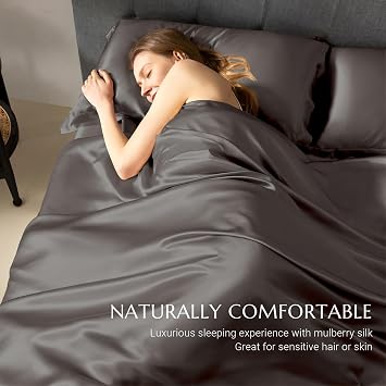 THXSILK 100% Silk Sheet Set, 7A+ Silk Sheet Set Soft Breathable, Luxury Bedding (1 Duvet Cover, 1 Fitted Sheet, 2 Pillow Shams), Queen, Charcoal