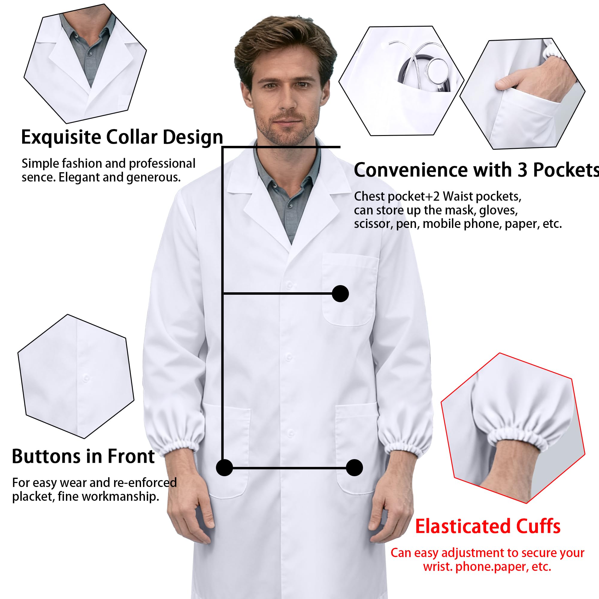 Bata de Laboratorio Blanca Manga Larga con Bolsillos y Botones