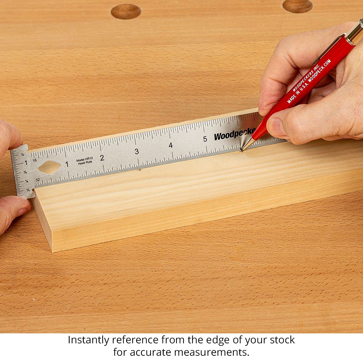 Woodpeckers Hook Rule, 6 Inch, Stainless Steel Woodworking Ruler That Hooks onto Work Edge, L2R & R2L Engraved Scales, T-Ruler Made in USA
