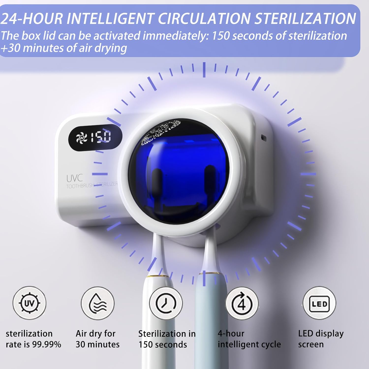 Toothbrush Holders for Bathrooms,Smart Clean and 30 Minute Air Dry, LED Smart Screen, Stylish Bathroom Accessories Wall Mounted Toothbrush Holder, Travel Toothbrush Holder (White)