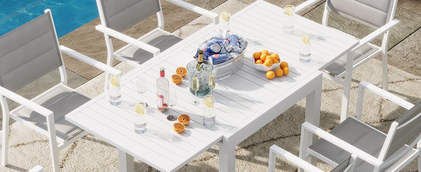 GarveeLife Expandable Patio Table for 4-6 Persons, Extentable Outdoor Dining Table Set 31.5"-63", Aluminum Slat Frame, Rectangular, for Porch, Deck, Garden, Pools, Table, White