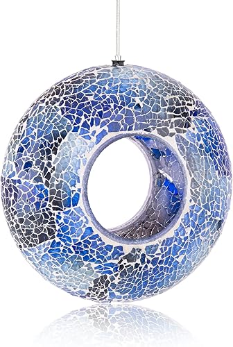 Miniatura 1 de VCUTEKA Alimentador de pájaros mosaico para colgar en el exterior con contenedor de vidrio de forma redonda para atraer más pájaros silvestres para