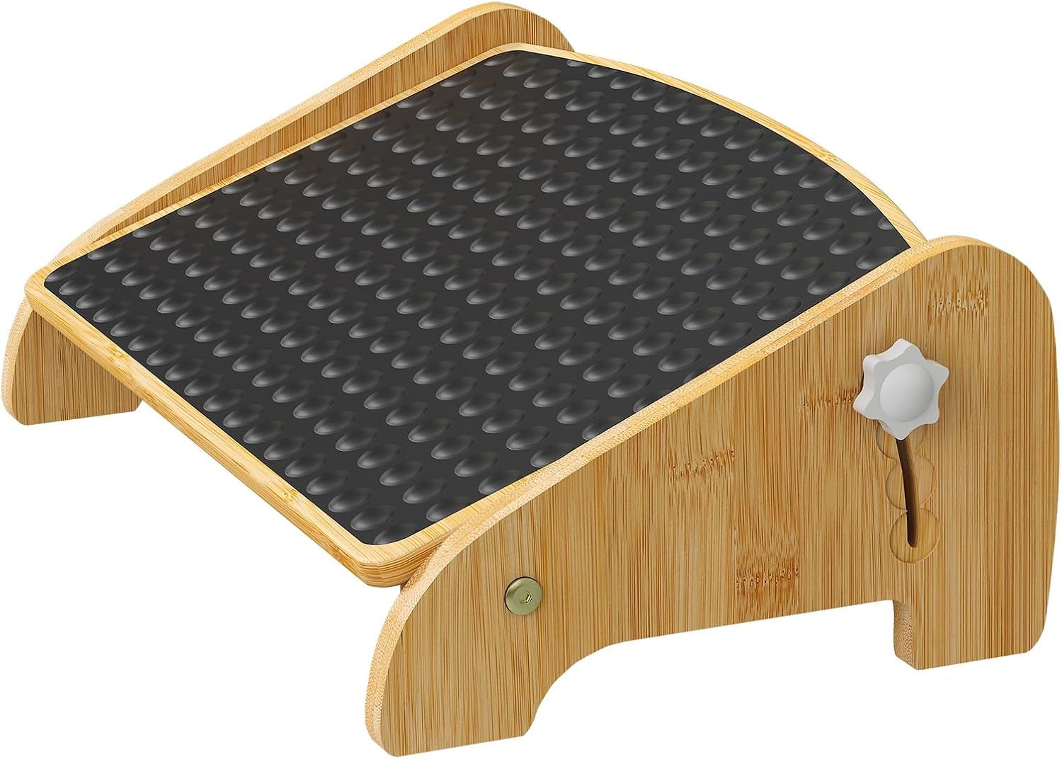 Under Desk Footrest, Foot Rest Under Desk with Side Rotating Button, 4 Adjustable Heights Wooden Office Footrest, Large Anti-Slip Surface, Wide Seat with Soft Bumps, Fit for Office, Living Room