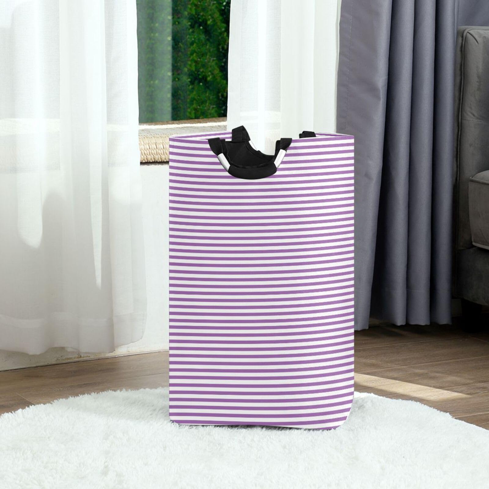 Jihqo Laundry Hamper Basket Light Purple White Stripes Collapsible Nursery Storage Bin Waterproof Clothing Baskets for Home Bedroom Bathroom Washing Room