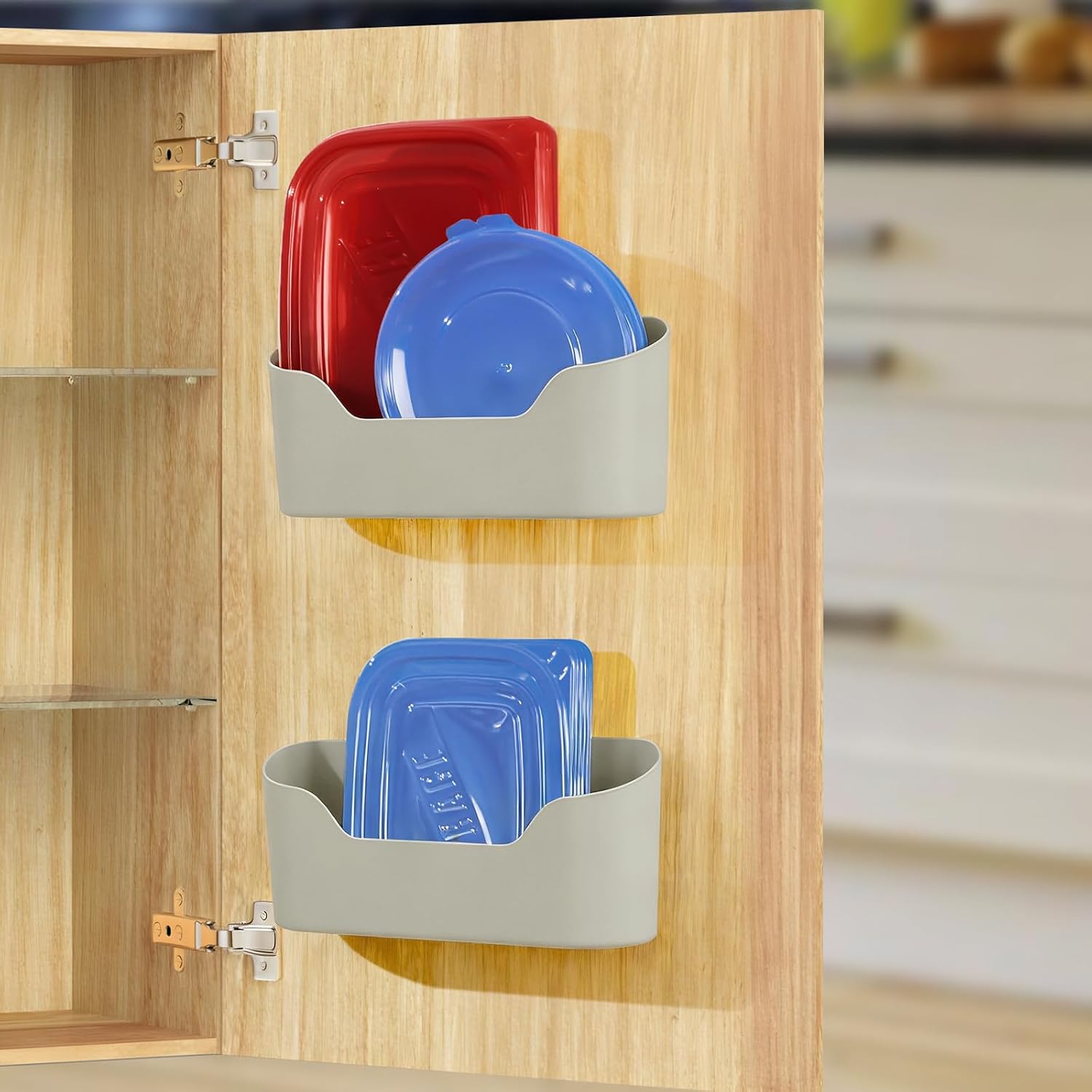 2 Pack Lid Organizers Inside Cabinet, No Drilling Adhesive Over Door Organizer, Cabinet Door Organizer Bin Holder Caddy, Over Cabinet Organizer Storage Lid Organizer for Kitchen(Grey)