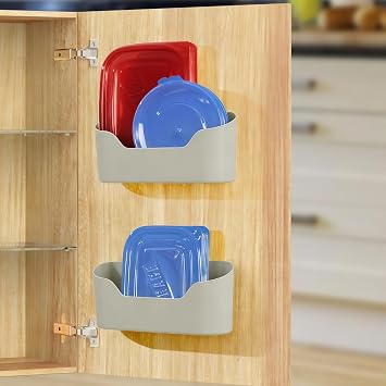 2 Pack Lid Organizers Inside Cabinet, No Drilling Adhesive Over Door Organizer, Cabinet Door Organizer Bin Holder Caddy, Over Cabinet Organizer Storage Lid Organizer for KitchenGrey