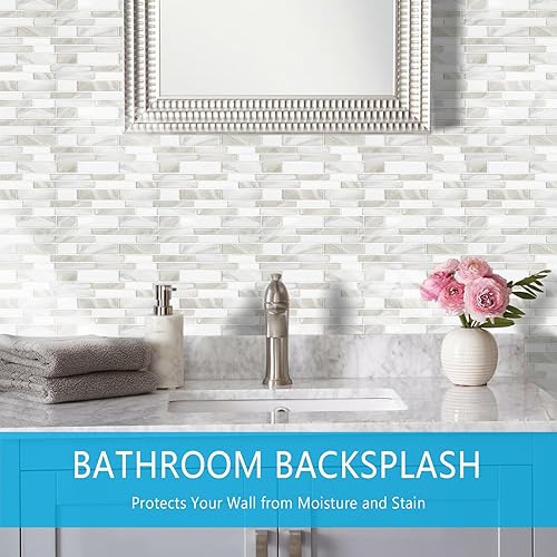 Miniatura 3 de Vamos Tile 10 azulejos autoadhesivos en lámina para loseta en muro, 12 x 12 pulgadas, diseño de color claro, para loseta en muro de cocina y baño