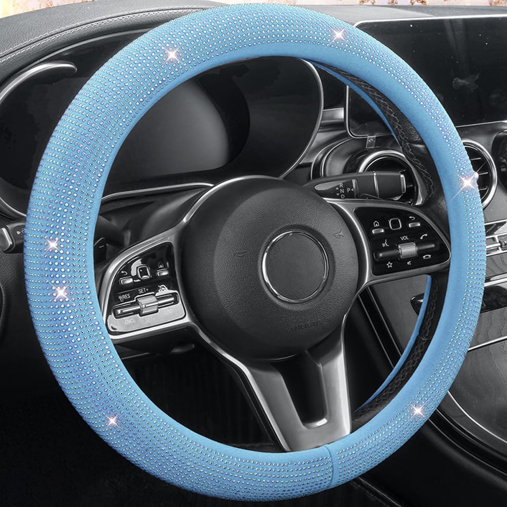 Bling Rhinestones Steering Wheel Cover with Crystal Diamond Sparkling Car Anti-Slip Steering Wheel Protector (Sky Blue)