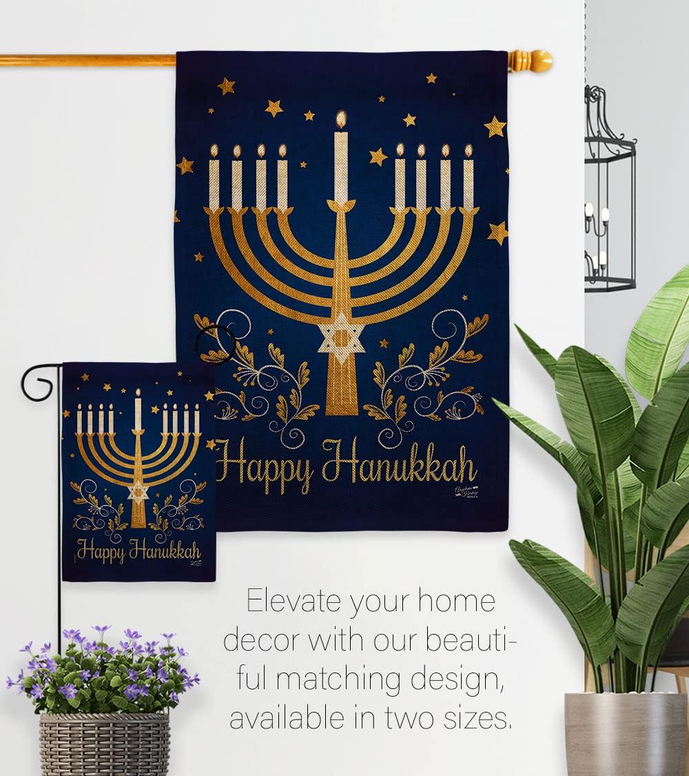 Happy Hanukkah Burlap Garden Flag Winter Candle Bonsai Menorah Jewish Chanukah David House Decoration Banner Small Yard Gift Double-Sided, 13"x 18.5", Made in USA
