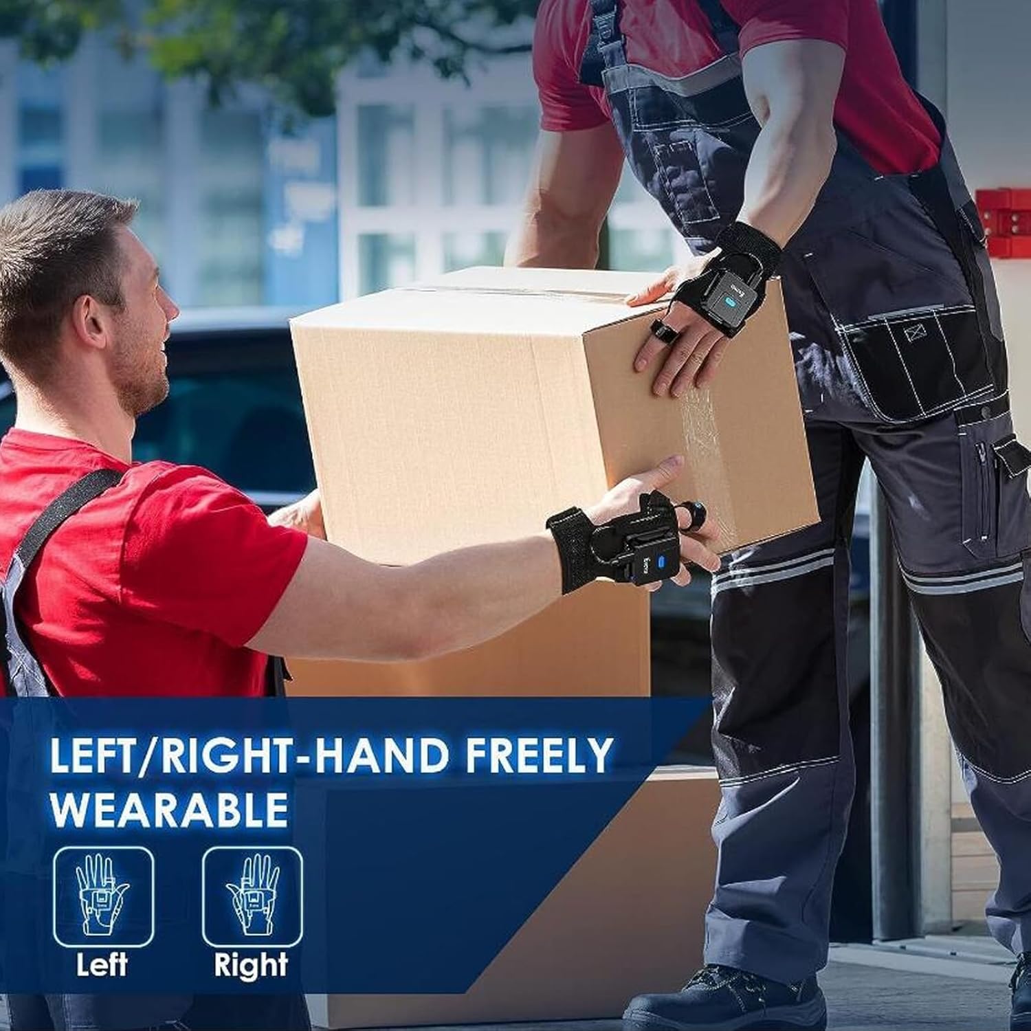 Wearable barcode scanner showing left and right hand compatibility