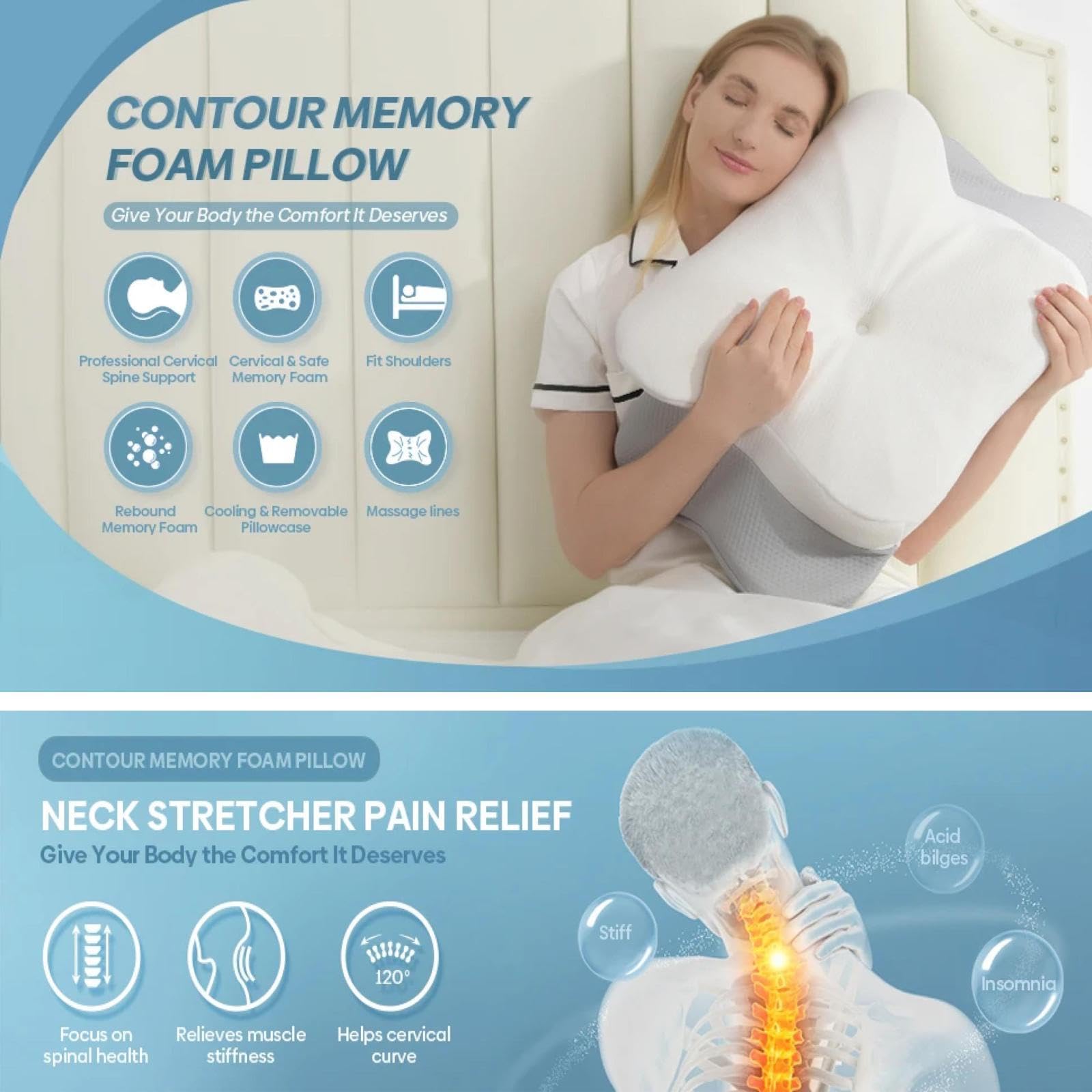 Cuscino cervicale per collo e spalle, sollievo dal dolore, ergonomico, in memory foam, per chi dorme sul lato posteriore dello stomaco