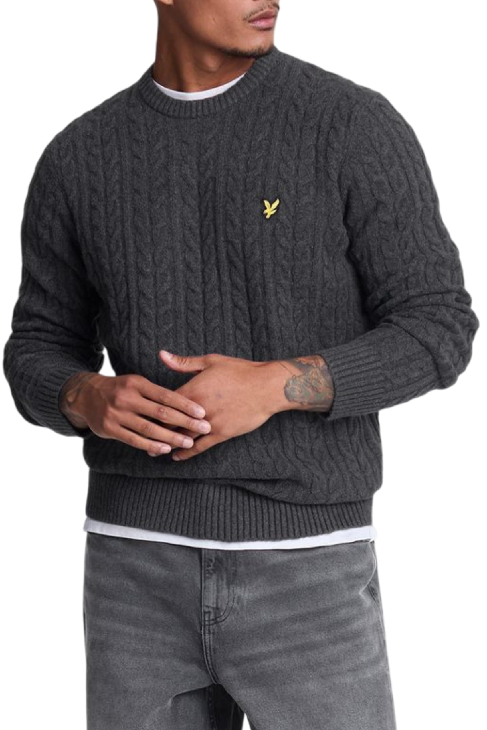 Lyle & Scott Herren Strickpullover mit Zopfmusteraus Einer Mischung aus Baumwollmischung, Rundhalsausschnitt, warm und bequem,grau, L