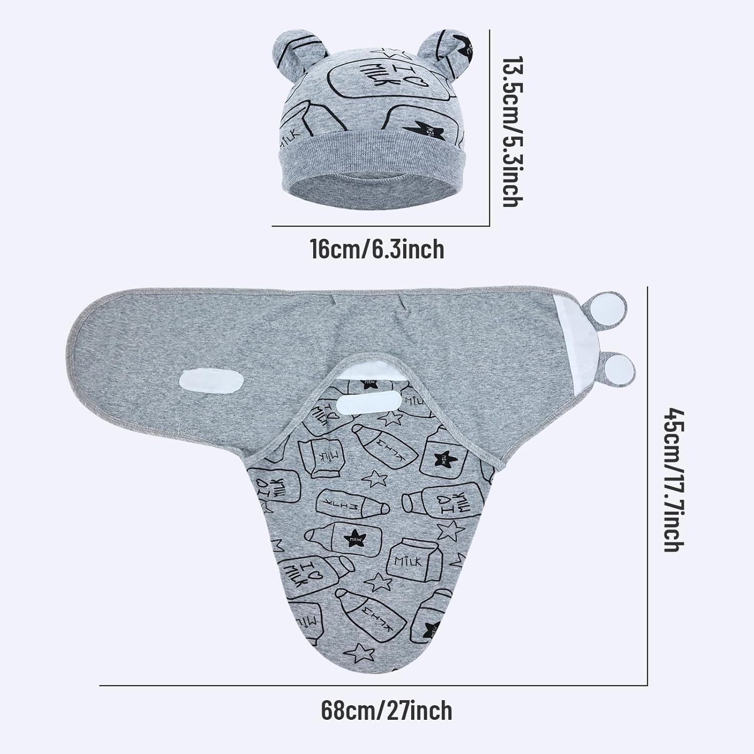 Cinaci 2 Pack Adjustable Soft Cotton Blend Newborn Baby Receiving Swaddle Blankets Sleep Sacks with Nursery Hats Caps Beanies Bonnets for Baby Girls Boys Newborns Infants
