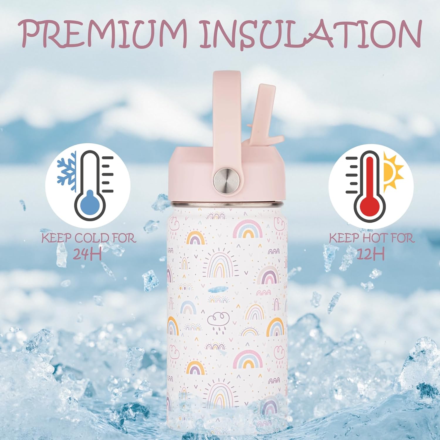 Kids Water Bottle with Straw 12 oz - Insulated Stainless Steel Sports Bottle, Leakproof Wide Mouth Thermal Cup with Straw & Handle Lids for School Travel Outdoor Activities - Image 5