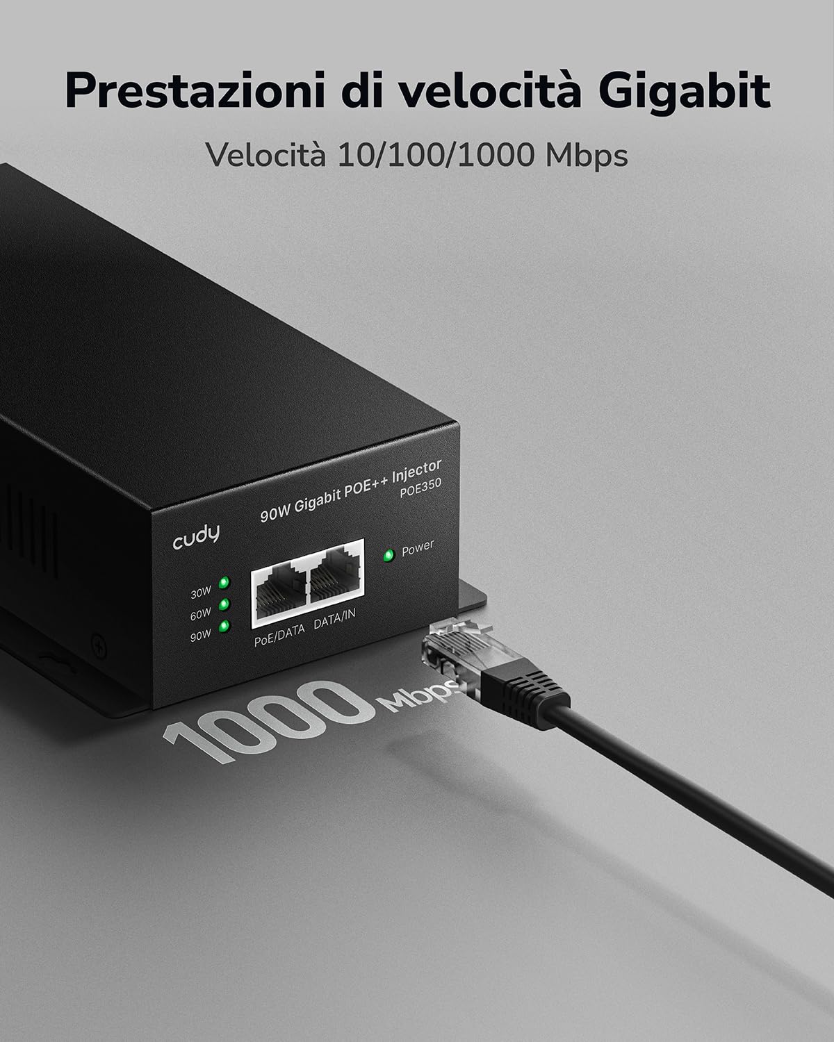 Cudy POE350 90W Gigabit Ultra Potenza Alimentatore Poe++, 48V-52V/ Max 90W, 10/100/1000Mbps RJ-45, IEEE 802.3af / 802.3at / 802.3bt Compatibile, Fino a 100 Metri, Adattatore Poe