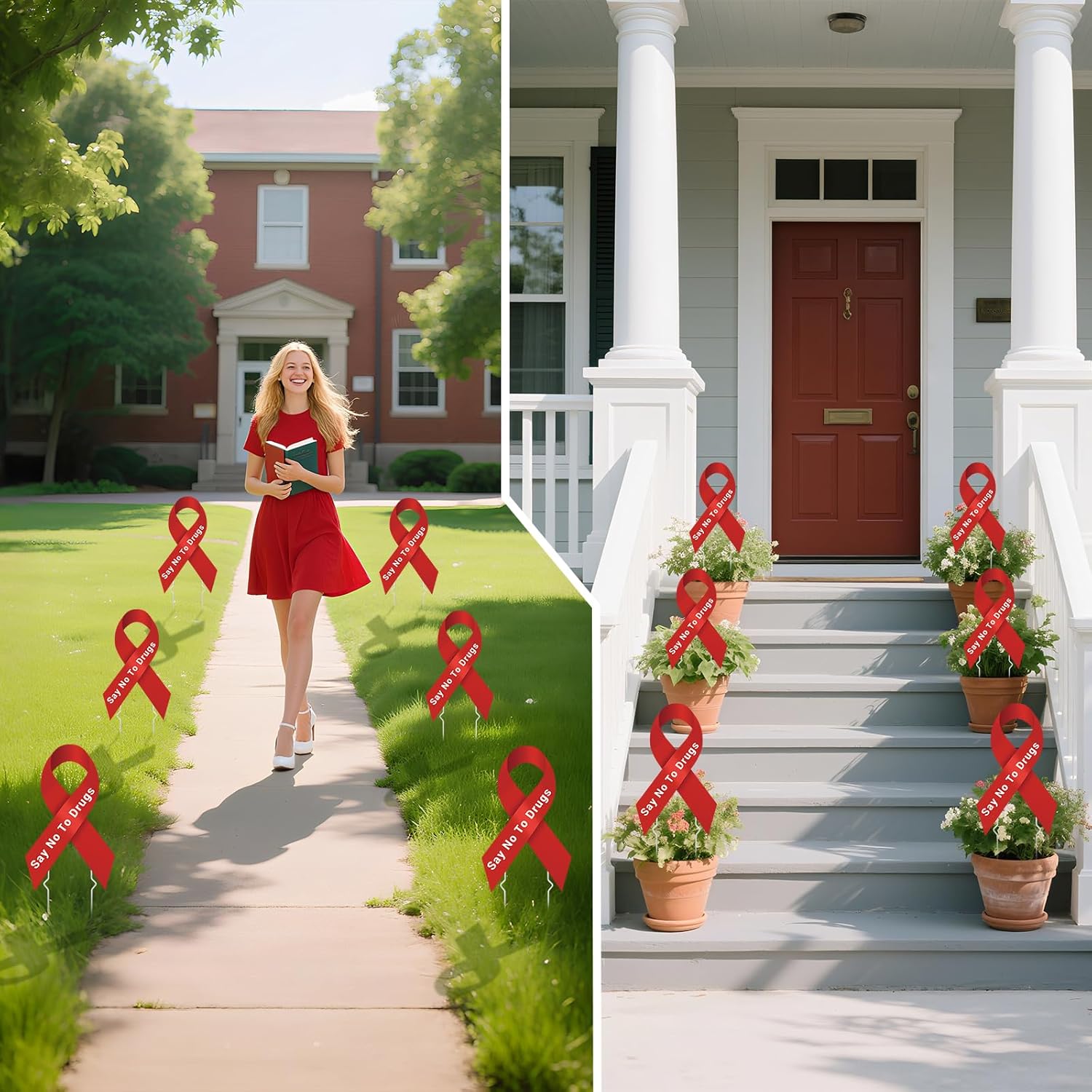 6PCS Yard Signs Double-sided Ribbon Awareness Patio Decor with Metal Stakes (Red)