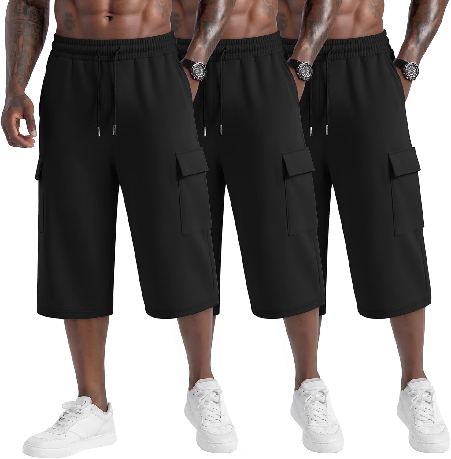 Neer 3 Pack Men's Capri Cargo Pants Big and Tall Baggy 3/4 Shorts Drawstring Below Knee Pants Summer Casual with Pockets