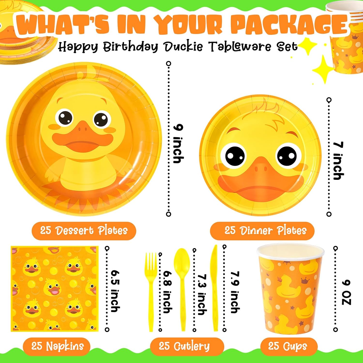 Pickmesh 175 Pcs Rubber Duck Birthday Party Supplies - Tableware Set Including 25 Pcs 9 Inch Dinner Plates, 7 Inch Plates, 9 Oz Cups, Lunch Napkins & Cutlery