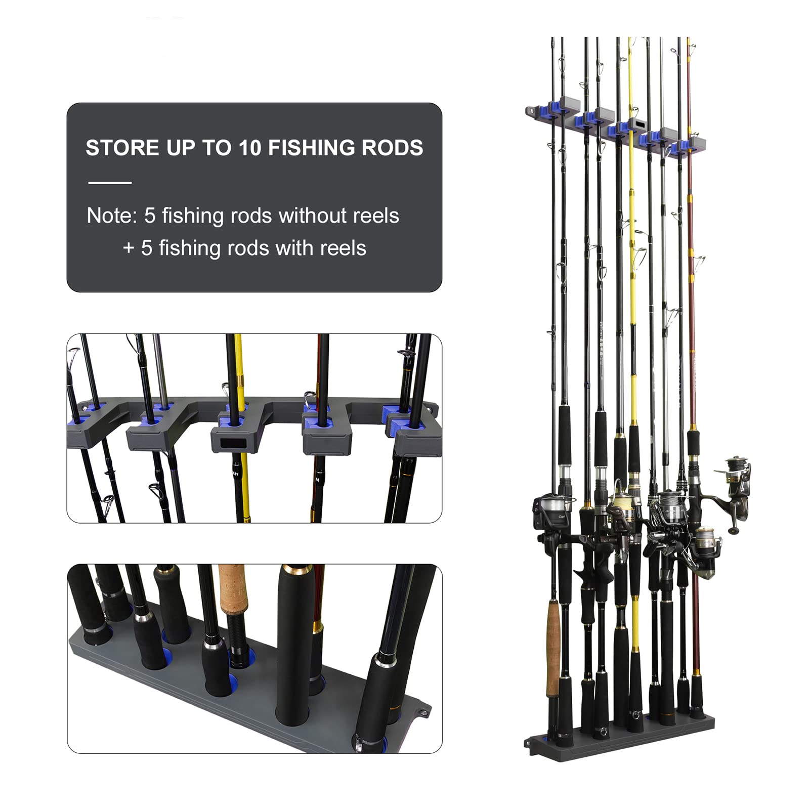 Portacanne Pesca Supporto Parete per Portaoggetti Organizza in Sicurezza 10 Canne Pesca per Pescatori Plastica Schiuma EVA Blu Verde Giallo Nero 42 cm
