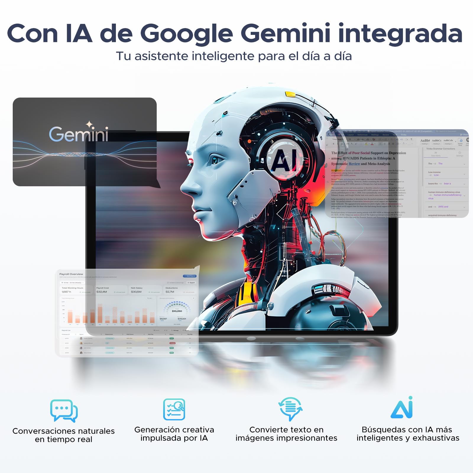 Tablet Android 16 11" con Gemini AI, 16GB+128GB(Ampliable 2TB TF), 8580mAh, Teclado+Lápiz Incl. Unisoc T7200 Octa-Core, 90Hz&13MP+5MP, WiFi 5G, Face ID, Widevine L1, GMS, GPS,OTG, Audio 3.5mm
