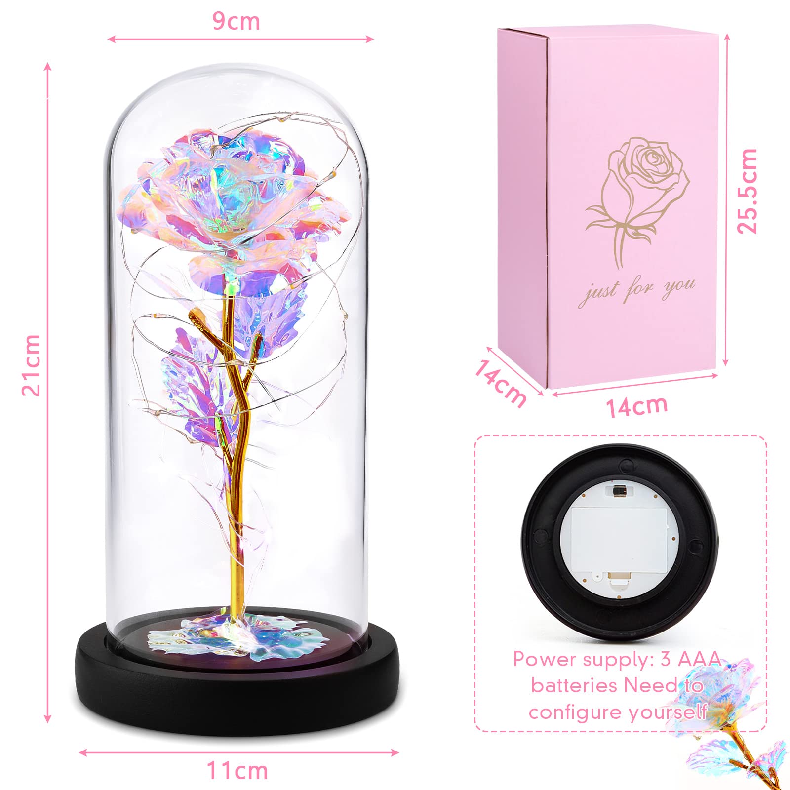 La Bella e La Bestia Rosa per Sempre in Cupola di Vetro Fiore Artificiale Kit in Lamina d'oro con Luce a LED Regalo Romantico