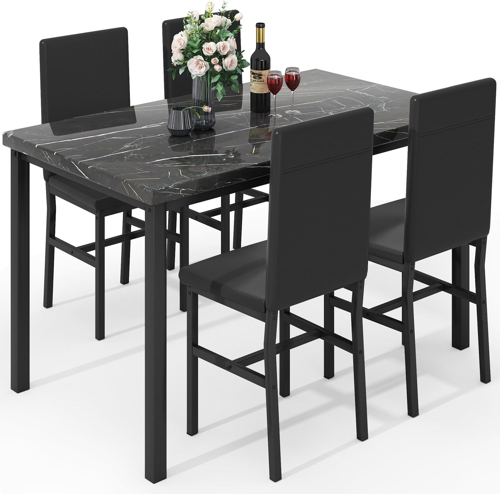 Hooseng Dining Table Set for 4, Modern Faux Marble Kitchen Table with 4 PU Leather Chairs, 5 Piece Dining Room Sets for Dinette, Breakfast Nook, Black