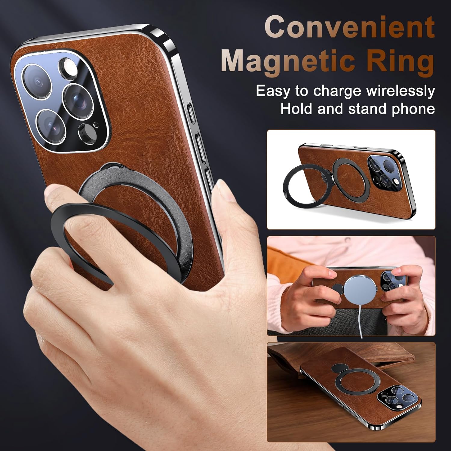 for iPhone 16 Pro Max Case, Genuine Leather Case for 16 Pro Max, Wireless Charging Compatible, Heavy-Duty Protection Brown