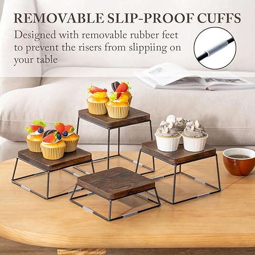 Miniatura 2 de MyGift Soportes cuadrados de madera maciza marrón quemado de 6 pulgadas y alambre de metal negro mate para cupcakes, postres, soportes de mesa para