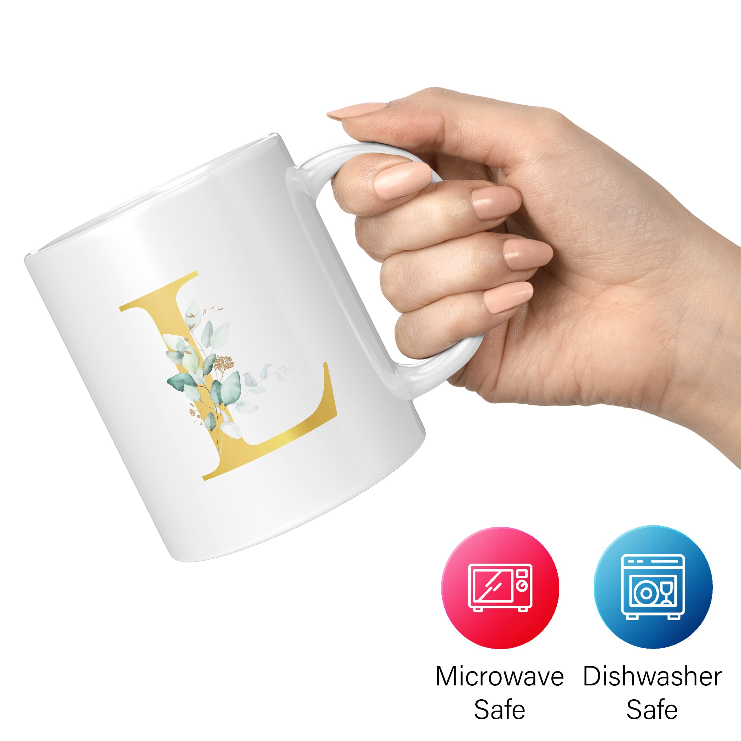 Personalized Letter L Floral Mug | Custom Gold Effect Initial Coffee Cup - Extra Large 15 Oz - View #6