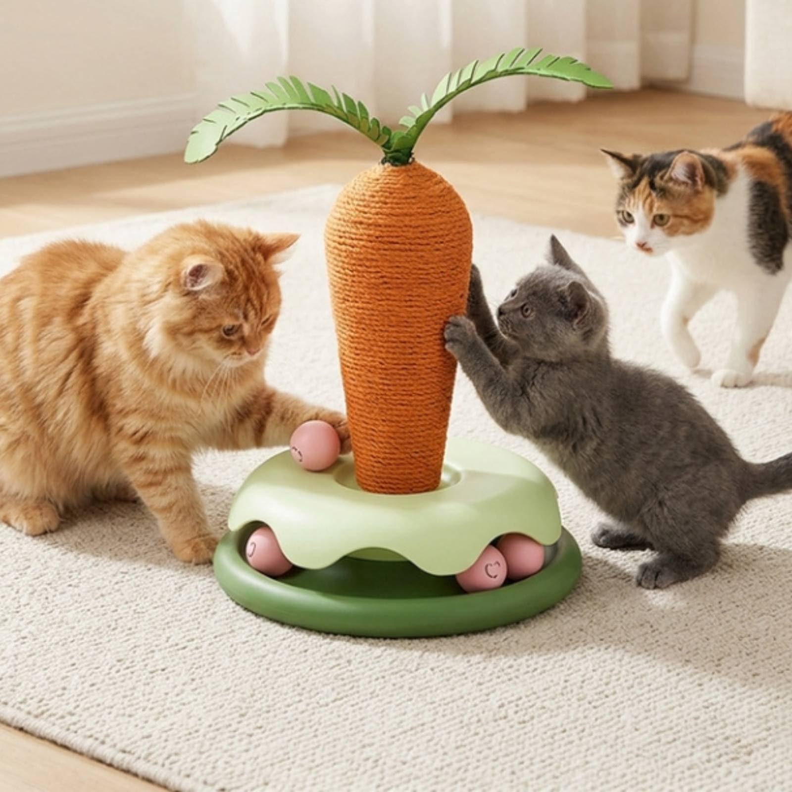 Griffoir avec Jeu Balles en Corde Sisal Griffoir Vertical Carotte Interactif Poteau à Griffer avec Circuit pour Chats D'intérieur, Chatons, Carotte, Grand