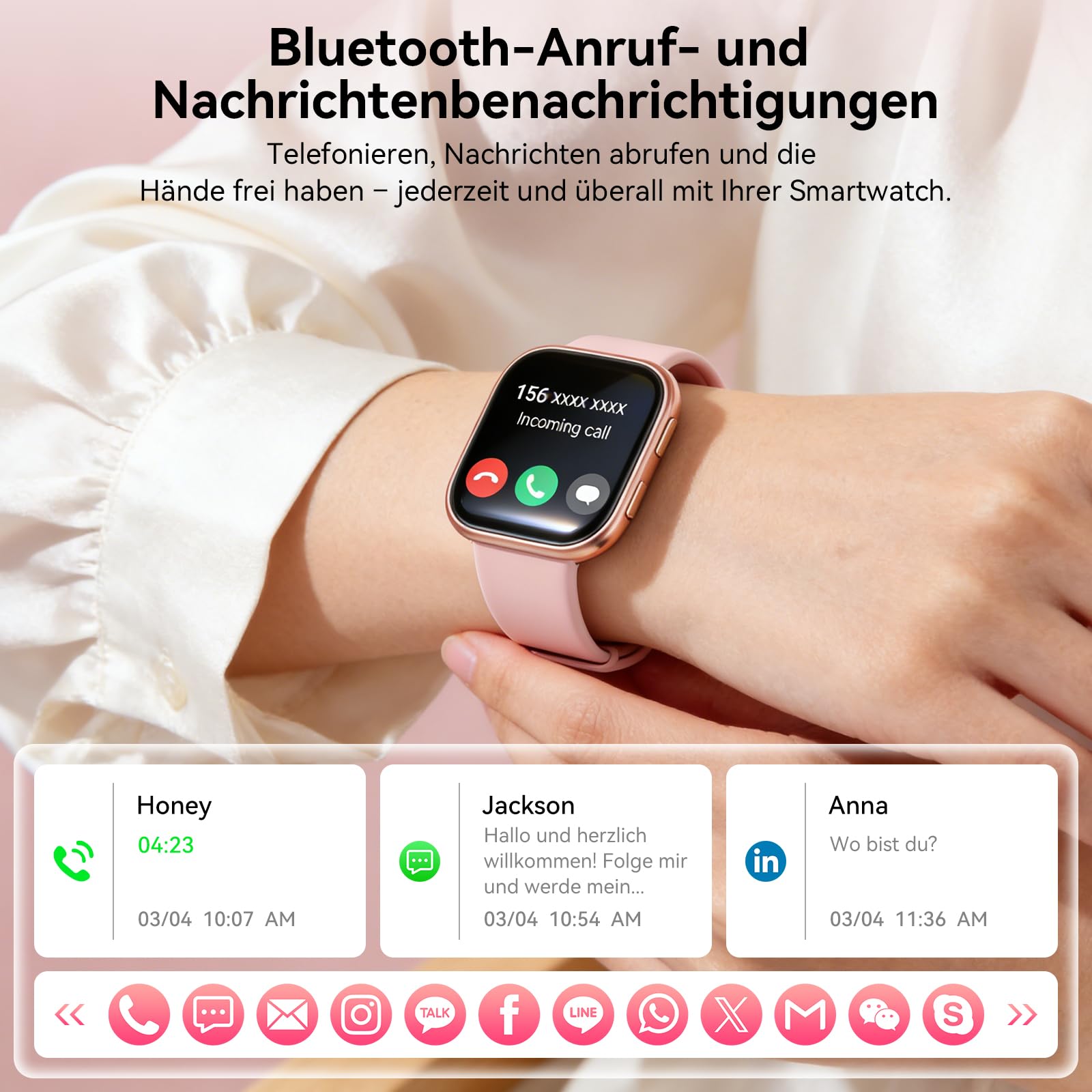 Smartwatch Damen mit 7 Armbänder & Geschenkbox, 1.83" HD Smartwatch mit Bluetooth-Anruf, Fitness Tracker mit SpO2, Pulsmesser, Schlafmonitor, Schrittzähler, IP68 Wasserdicht, 100+ Sportmodi(Hellrosa)