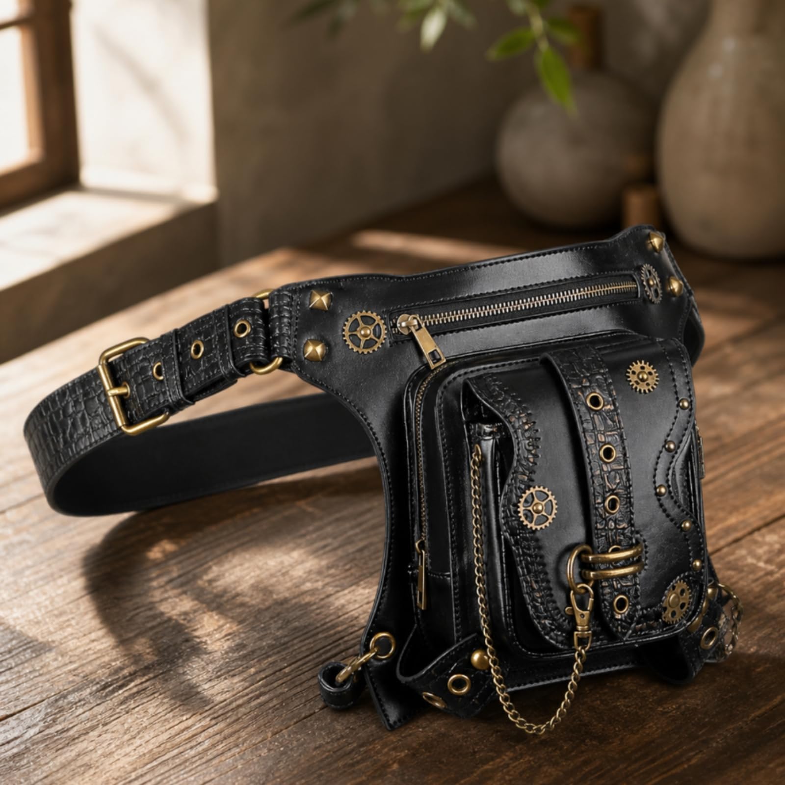 Pochette de Taille Sac Banane Ceinture Structurée avec Chaîne et Rivets Motifs Engrenages Esthétique Steampunk en PU Polyester Adaptée aux Concerts Conventions Cosplay Vie Quotidienne
