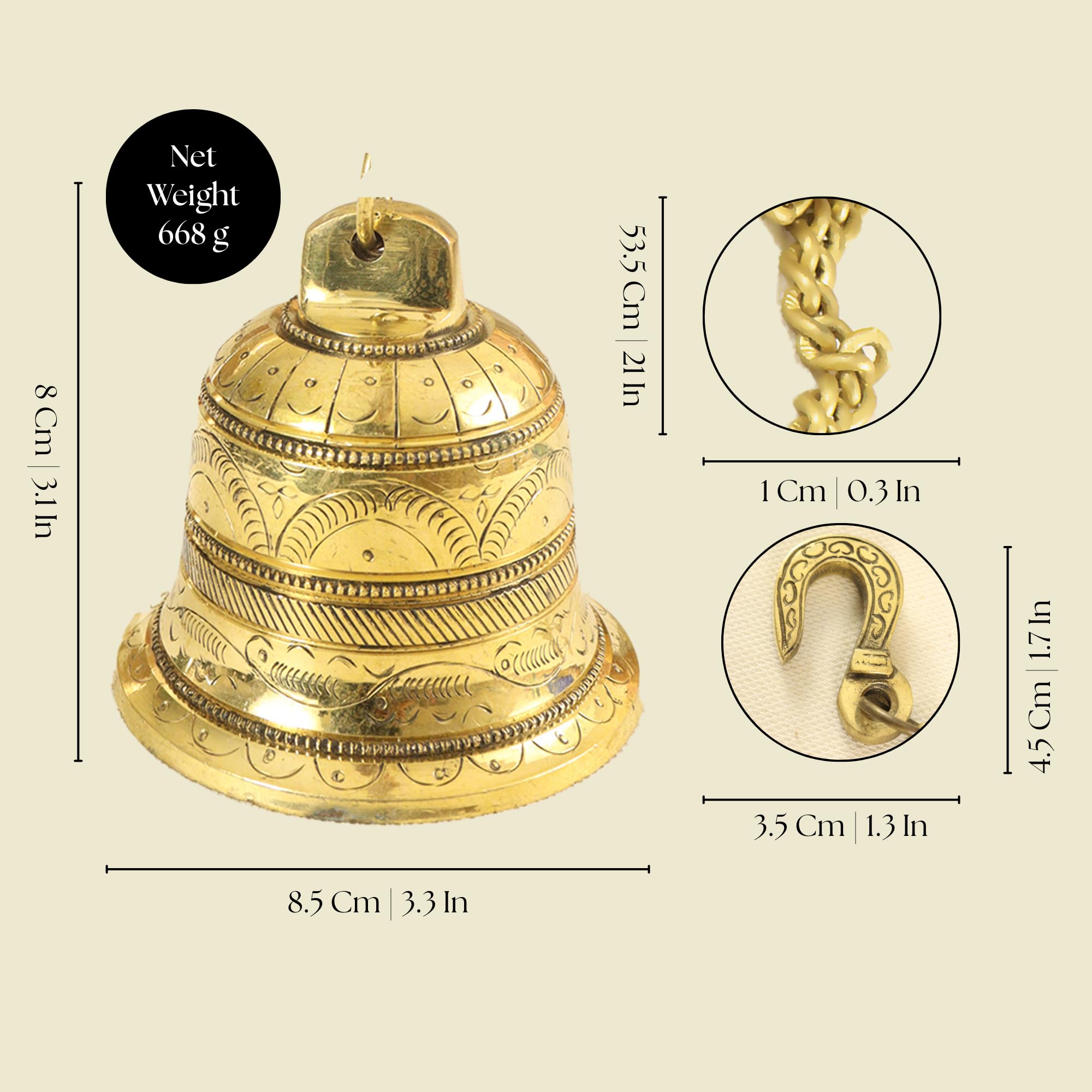 Putrika Handcrafted Brass Temple Bell with Hook & Chain|8 cm Pooja Pital Ghanti for Mandir|Traditional Hanging Bell for Home Décor & Aarti Rituals | 668g Solid Brass Bell 2