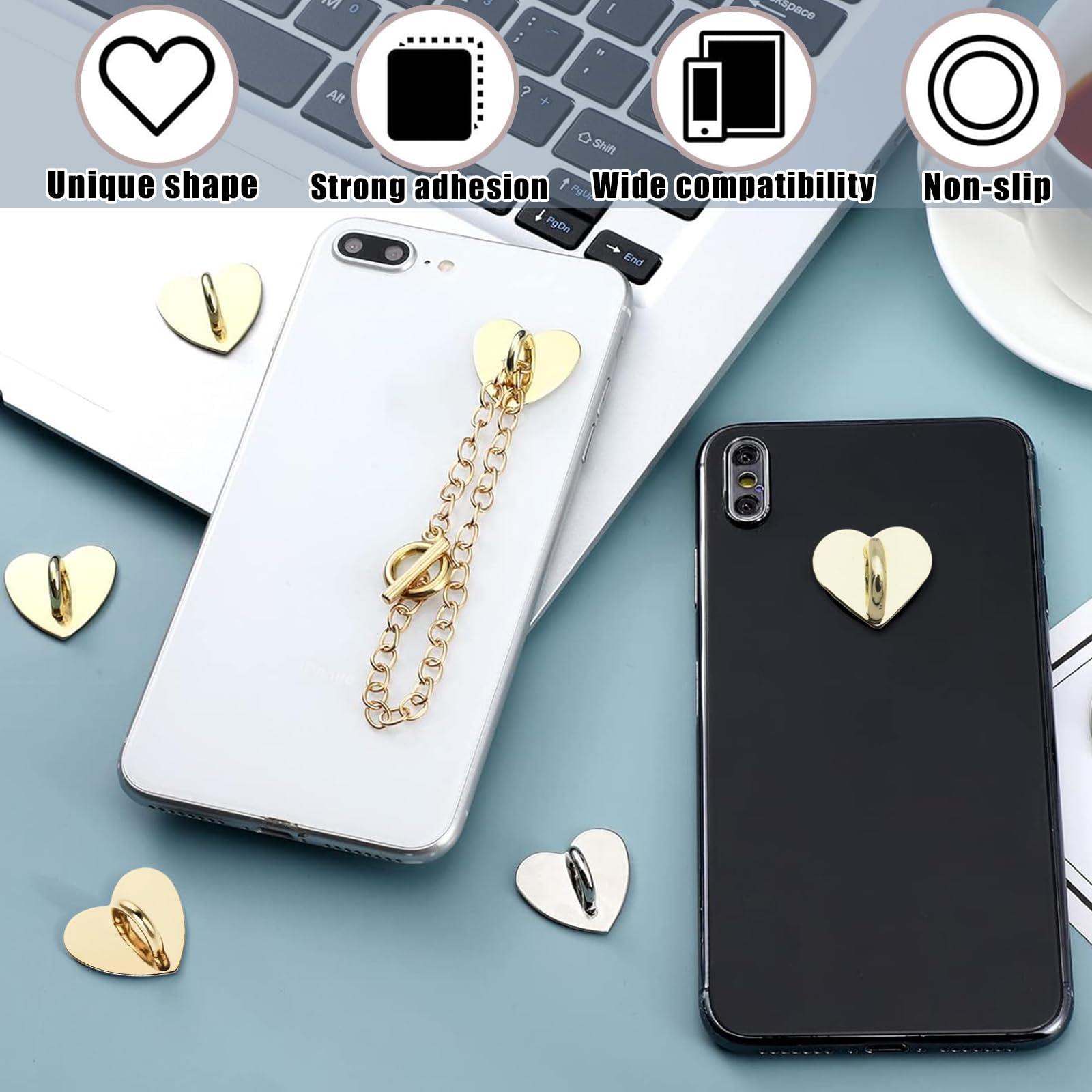 Handy-Charm-Haken, herzförmig, universal, selbstklebend, Metallhaken, Handy-Schlüsselanhänger, Oberflächenbeschichtung, Herz, Handy-Ringhalter, geeignet für Handyhüllen, Tablets, DIY-Zubehör (Gold)