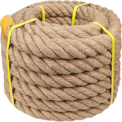 Cuerda trenzada de yute natural (2 pulgadas x 25 pies), cuerda de cáñamo resistente para muelles, barandillas, escalada, paisajismo, decoración
