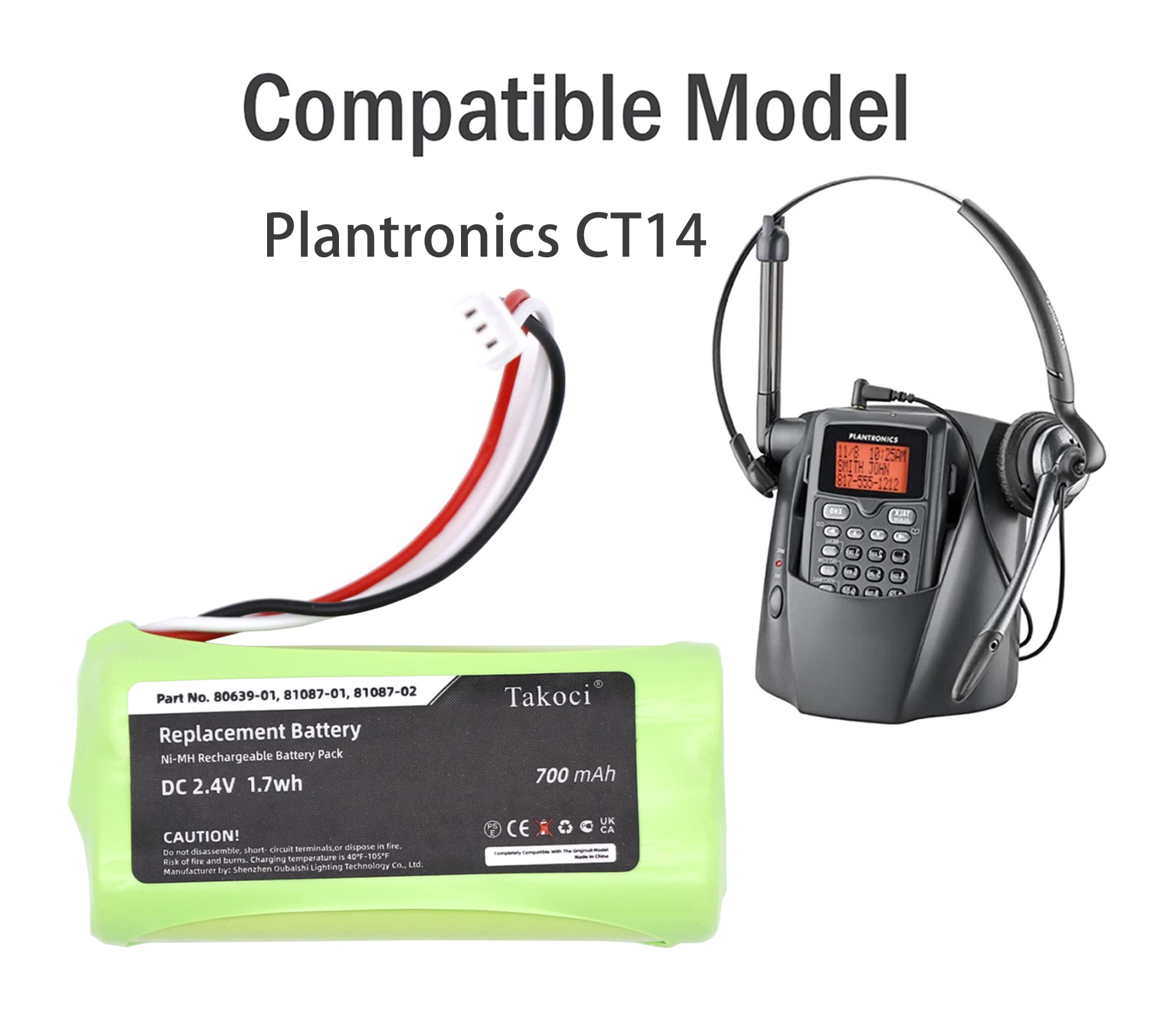 Gikysuiz 2 Pack Replacement Battery for Plantronics CT14 Cordless DECT Headset Telephone,fits Part Number 80639-01 81087-01 81087-02 2.4V 700mAh
