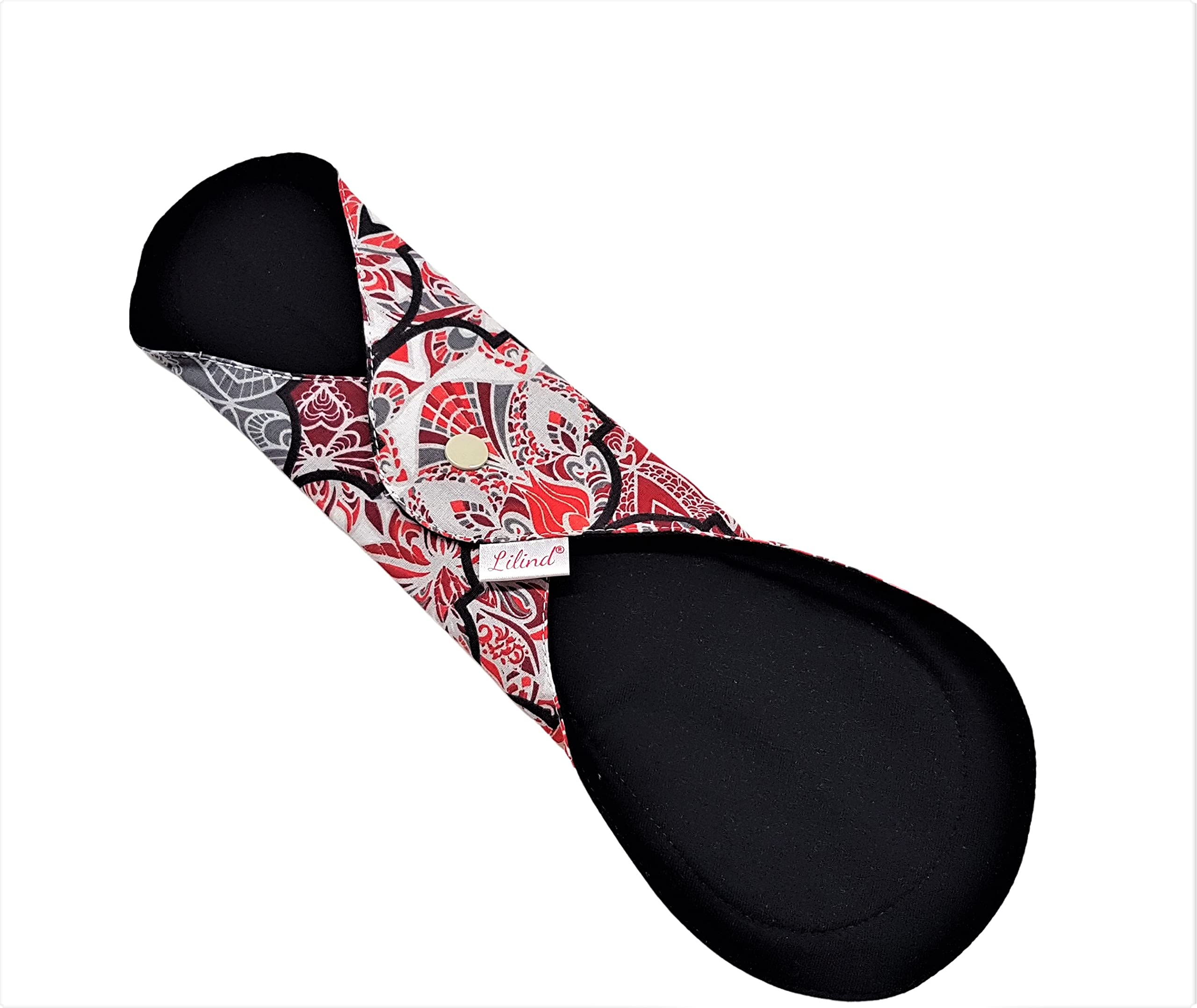 Lilind 6 Stück 30 cm schwarze Bio-Stoffeinlagen, Starter-Set, wiederverwendbare wasserdichte Menstruations-Damenbinden, 100 % Baumwolle, rote Pfingstrosen