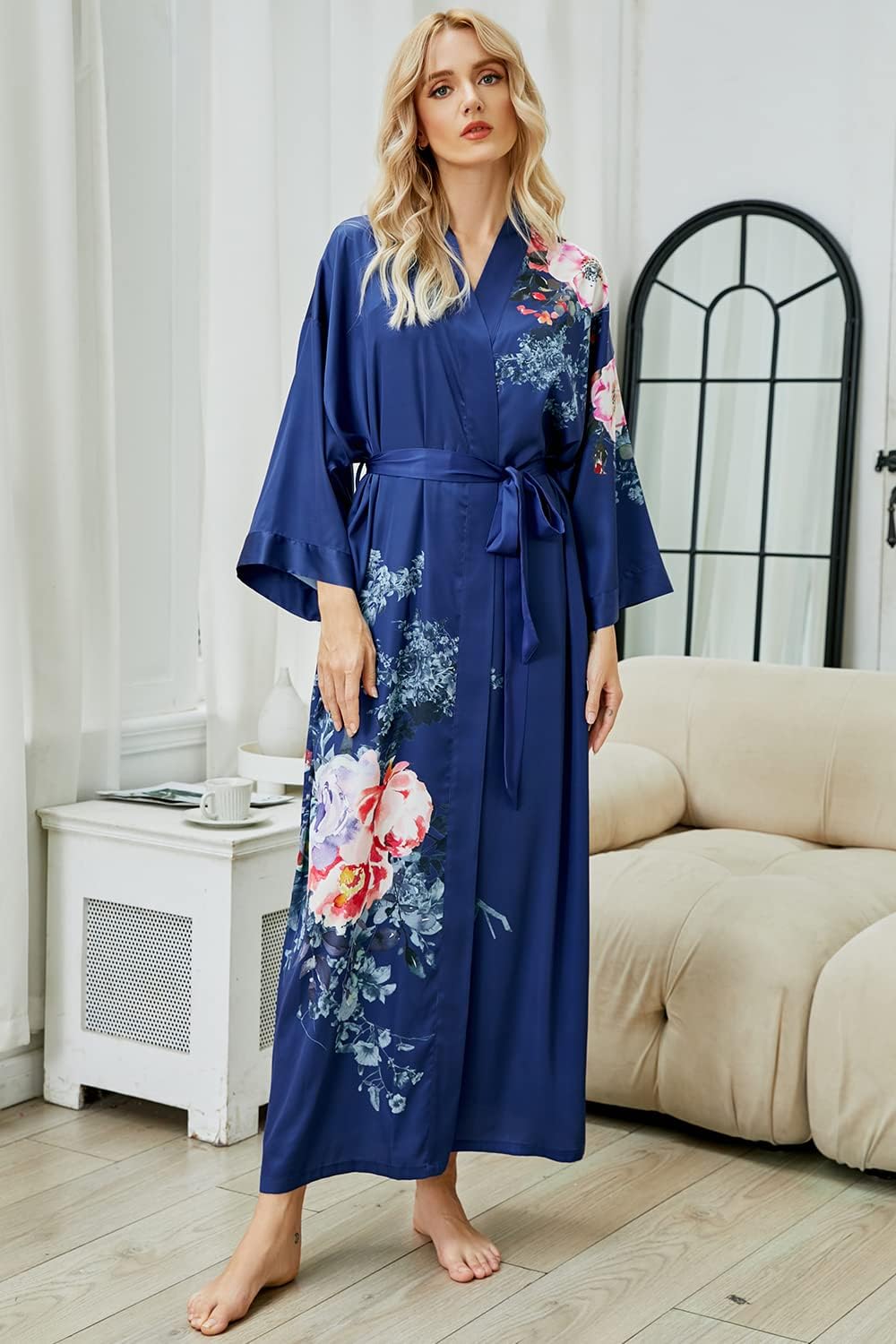 Women's Long Kimono Robe Floral Silk Robe Satin Silky Bathrobe Sleepwear Bridesmaid Wedding Robes - Image 3